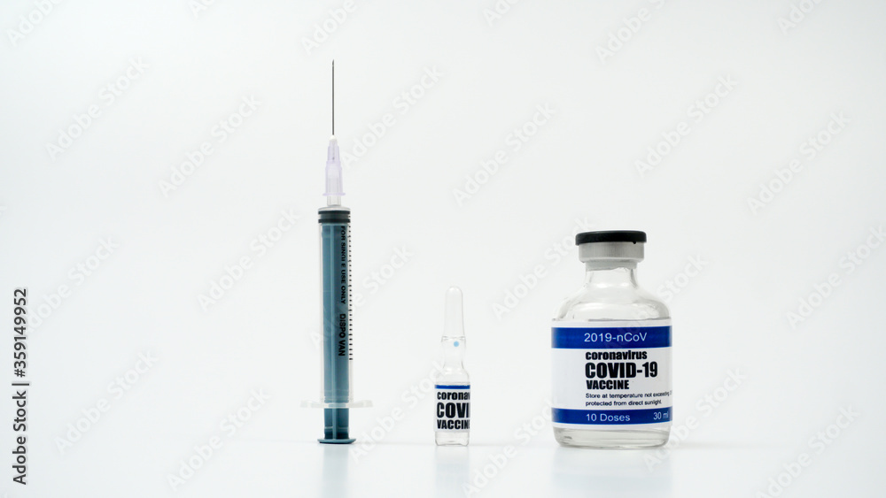 SARS-CoV-2 COVID-19 Corona Virus 2019-ncov Vaccine syringe injection vials medicine drug ampoule bottle. Vaccination, immunization, treatment to cure Covid-19 Corona Virus infection concept. Bulk.