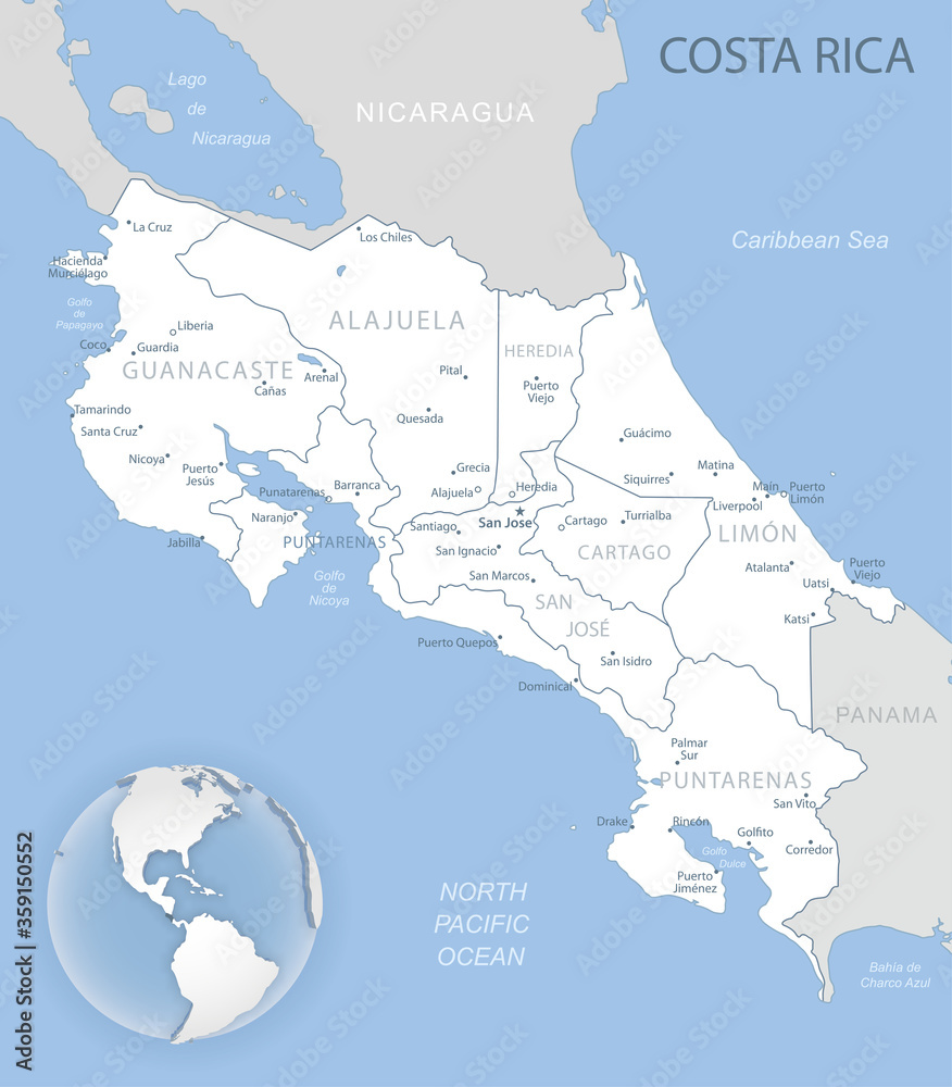 Blue-gray detailed map of Costa Rica administrative divisions and location on the globe.