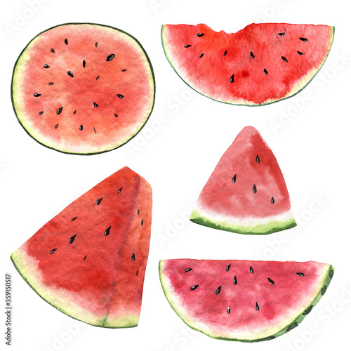 Set of sliced watermelons isolated on White. Watercolor hand drawn illustrations. Juicy summer fruit.