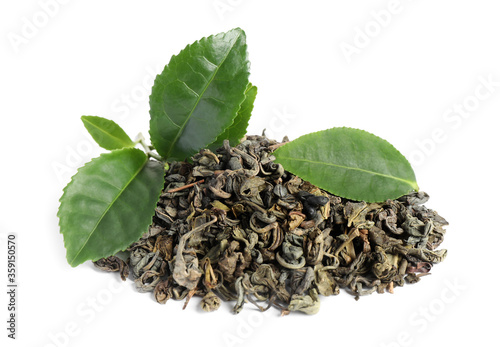 Dry and fresh tea leaves isolated on white