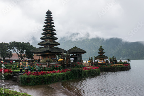 Pura Ulun Danu Bratan Temple  Bali  Indonesia is a beautiful and famous landmark. Visitors must come to this temple  Pura Ulun Danu Bratan Temple  especially on the day of the Hindu religious ceremony