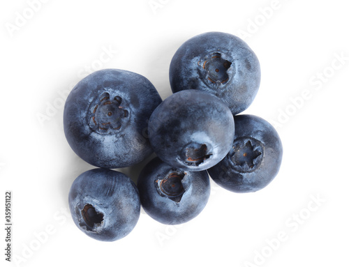 Fresh ripe blueberries on white background, top view