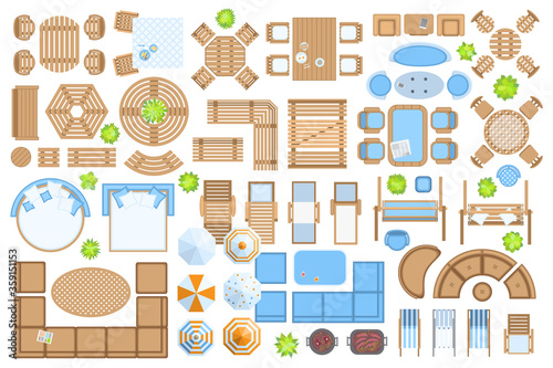 Icons set. Outdoor furniture and patio items. (top view) Isolated Vector Illustration. Tables, benches, chairs, sunbeds, swings, umbrellas, plants. (view from above). Furniture store.