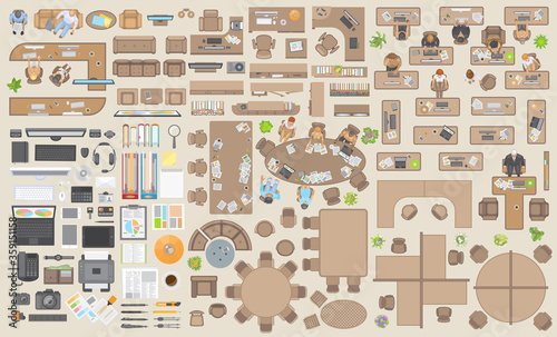 Vector set of office. People at work and office furniture. (top view) Desks, chairs, cabinets, sofas, conference room, reception. (view from above) Computers and stationery.