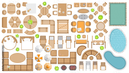 Icons set. Outdoor furniture and patio items. (top view) Isolated Vector Illustration. Tables, benches, chairs, sunbeds, pools, swings, umbrellas, plants. (view from above). 