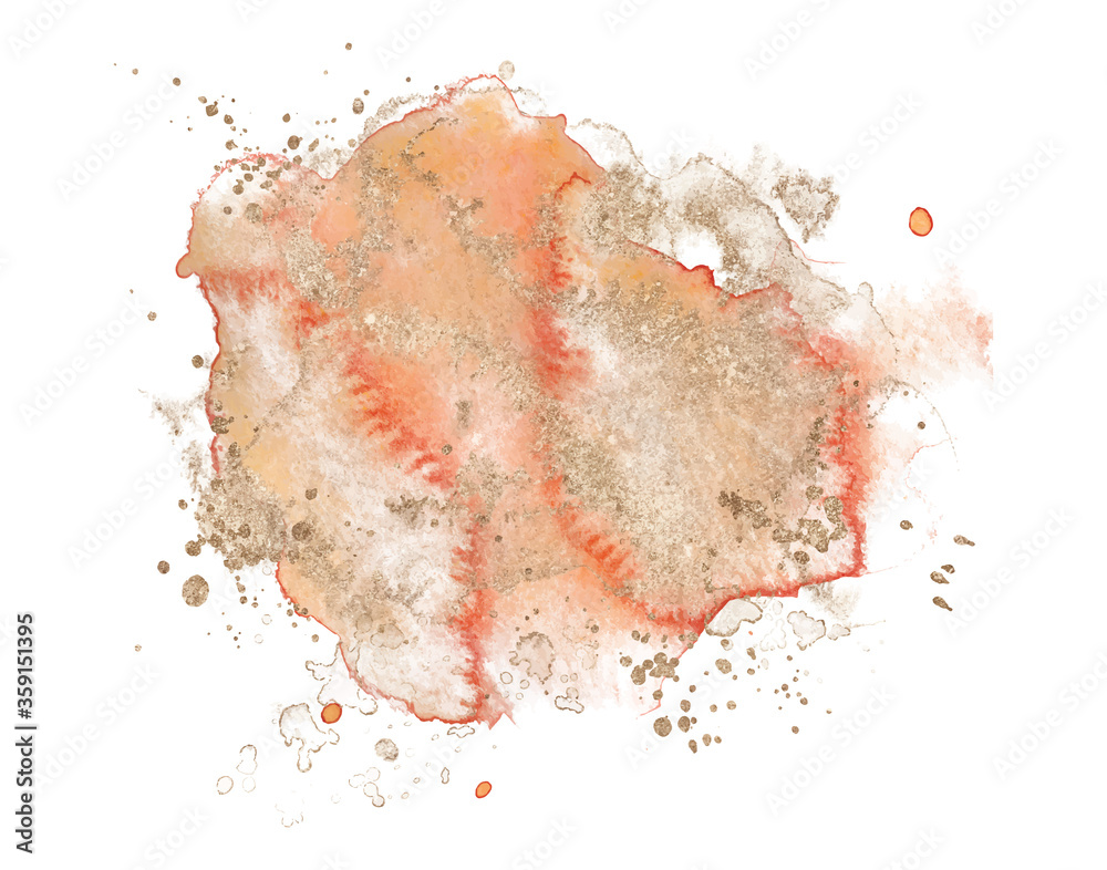 Abstract watercolor pink and gold shapes on white background. Color splashing hand drawn vector