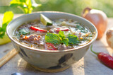 Pho Bo - Vietnamese fresh rice noodle soup with beef, herbs and chili. Vietnam's national dish.