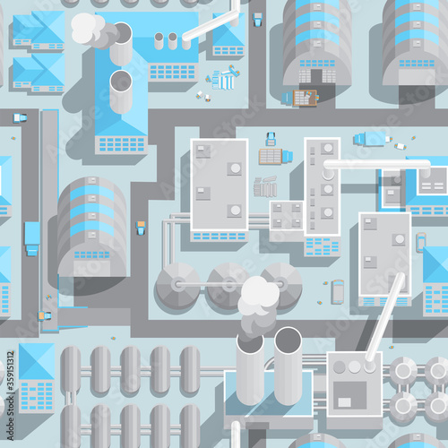 Seamless pattern. Factory top view. Production, industry, transportation, technology. Plant view from above.