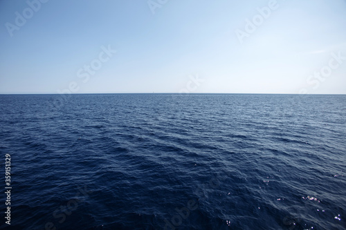 Scenery view of transparent water and blue sky with horizont line