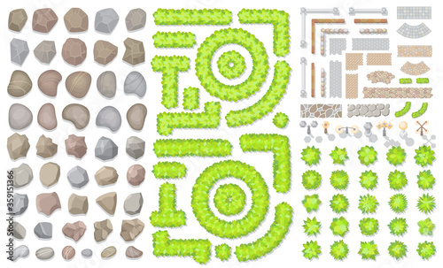 Set of park elements. (Top view) Collection for landscape design, plan, maps. (View from above) Stones, bushes, fences, walkways, lights, 