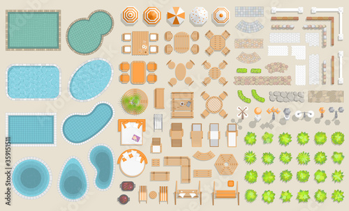 Vector set of architectural elements. (Top view) Pools of various shapes, paths, fences, lights, furniture, trees. (View from above)