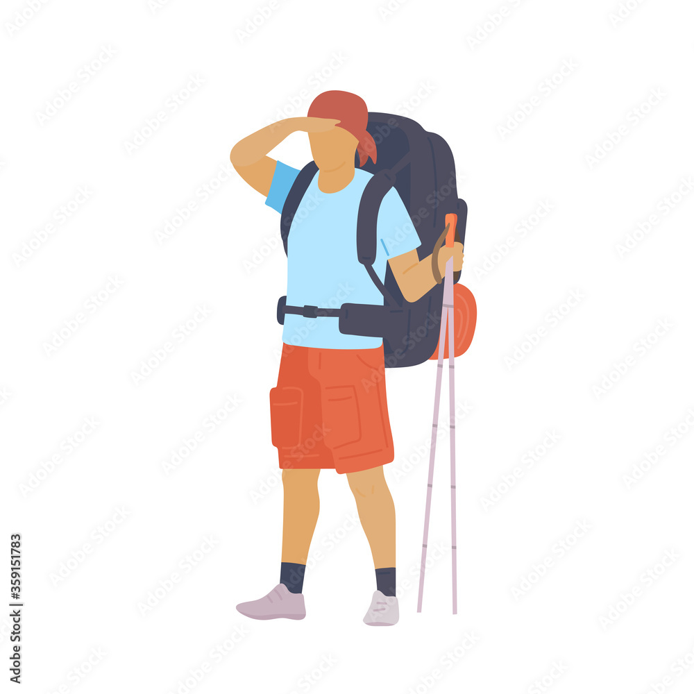 Man with hiking backpack and trekking sticks looking into the distance. Young guy explorer or traveller in sportswear. Adventure tourism, travel and discovery flat vector illustration.
