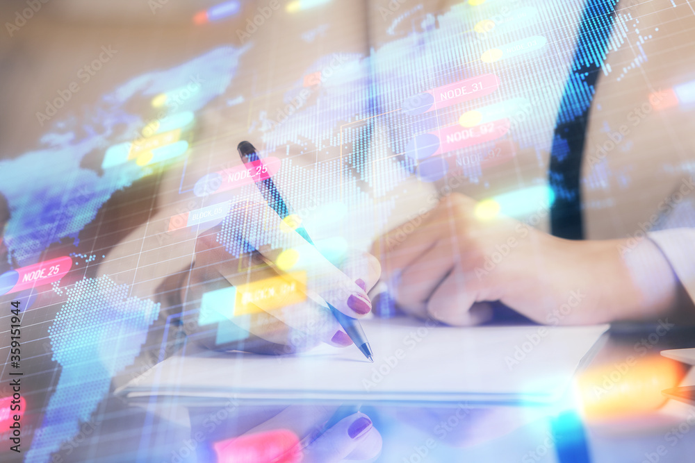Multi exposure of woman's writing hand on background with data technology hud. Big data concept. Multi exposure of woman's writing hand on background with data technology hud. Big data concept.