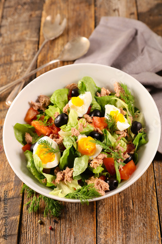 vegetable salad with egg, tomato, tuna and olive