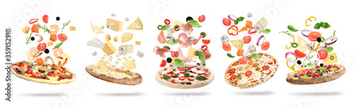 Set with delicious pizzas and flying ingredients on white background, banner design