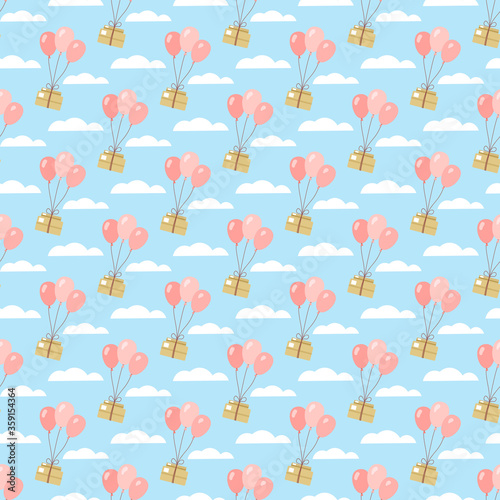 Seamless pattern. Parcel delivery on pink air balls. Balls fly through the sky with clouds with a box. Vector illustration