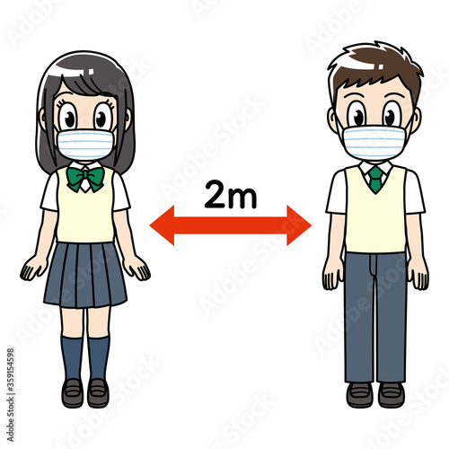 ソーシャルディスタンス 学生　高校生 男女 2ｍ 全身 social distancing コロナ 予防 矢印　女子高生　男子高校生　制服　感染症予防 ソーシャル・ディスタンス 飛沫感染  イラスト 男性 女性 安全 ウイルス 予防 健康  感染予防 ウィルス 感染症対策 風邪予防 感染症 コロナウイルス COVID-19 新型コロナウイルス マスク　中学生　女子中学生　男子中学生