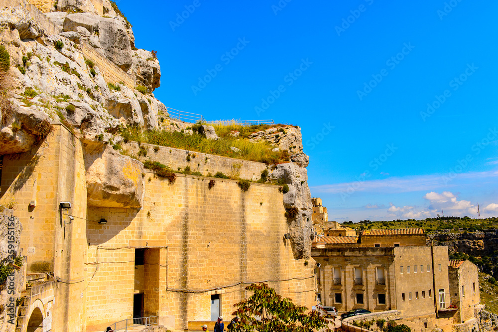 It's Stone architecture of Matera, Puglia, Italy. The Sassi and the Park of the Rupestrian Churches of Matera. UNESCO World Heritage site