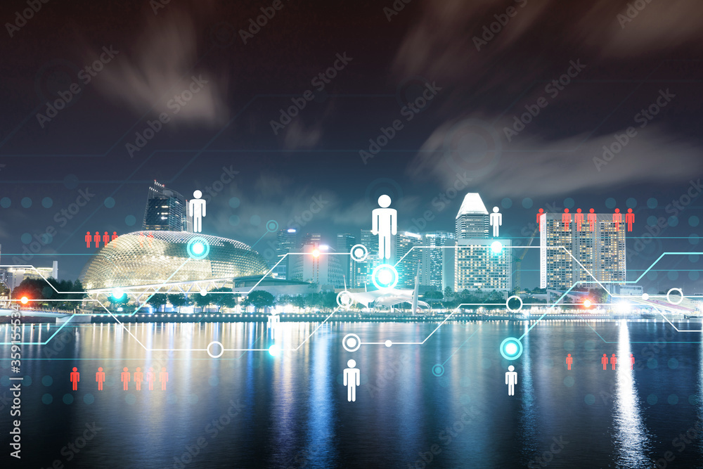 Fototapeta premium Glowing Social media icons on night panoramic city view of Singapore, Asia. The concept of networking and establishing new connections between people and businesses. Double exposure.