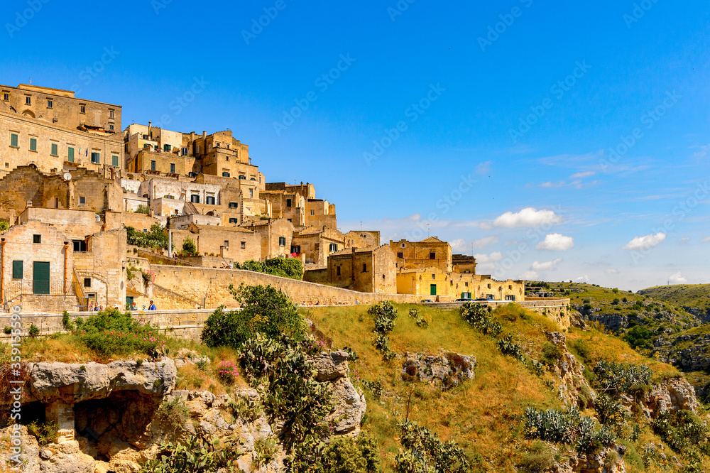 It's Panorama of Matera, Puglia, Italy. The Sassi and the Park of the Rupestrian Churches of Matera. UNESCO World Heritage site