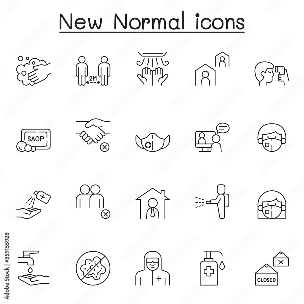 New normal lifestyle icon set in thin line style