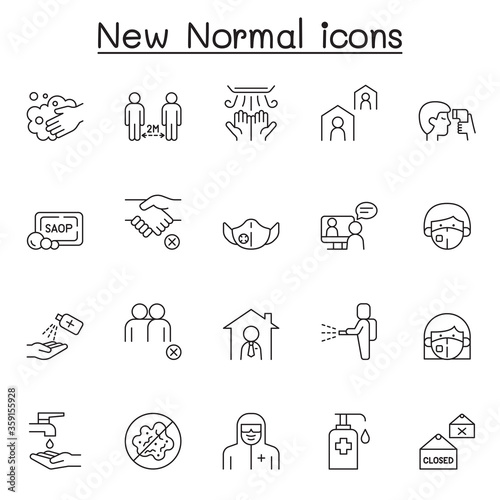 New normal lifestyle icon set in thin line style