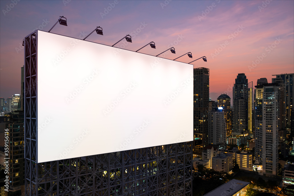 Blank white road billboard with Bangkok cityscape background at night time. Street advertising poster, mock up, 3D rendering. Side view. The concept of marketing communication to sell idea. Blank white road billboard with Bangkok cityscape background at night time. Street advertising poster, mock up, 3D rendering. Side view. The concept of marketing communication to sell idea.