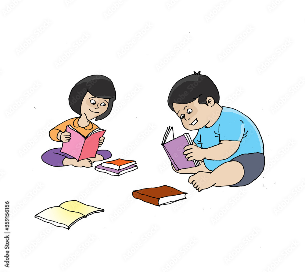 boys and girls read books, white background illustrations boys and girls read books, white background illustrations