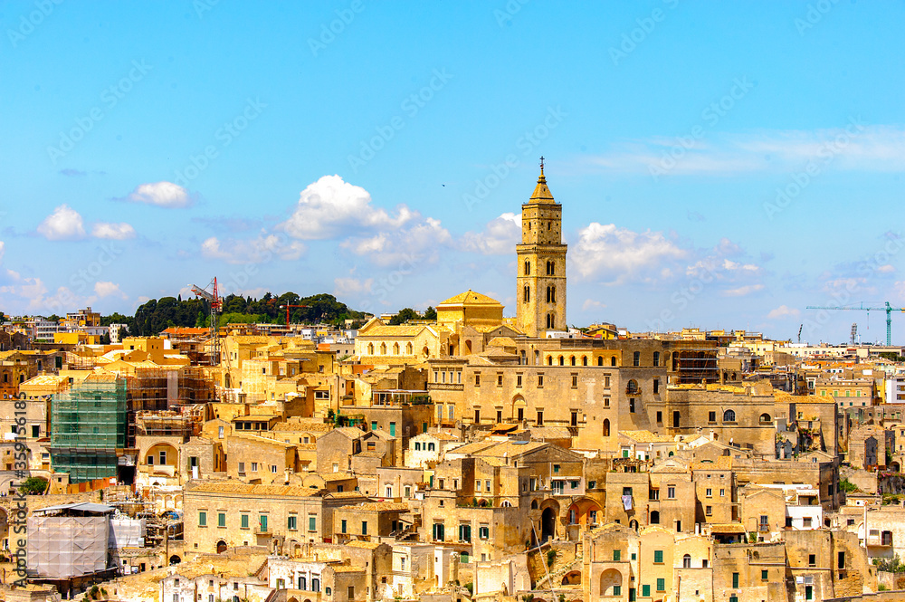 It's Panorama of Matera, Puglia, Italy. The Sassi and the Park of the Rupestrian Churches of Matera. UNESCO World Heritage