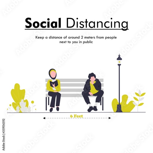 Social distancing illustration man and woman in the garden.prevent from virus spreading and flu prevention coronavirus, social isolation and self quarantine concept