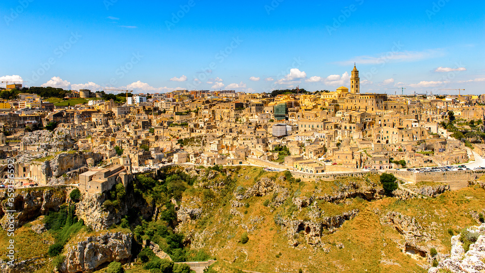 It's Panoramic view of Matera, Puglia, Italy. The Sassi and the Park of the Rupestrian Churches of Matera. UNESCO World Heritage site