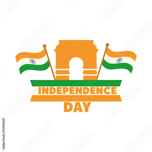 happy independence day india, indian gate and flags patriot proud flat style icon