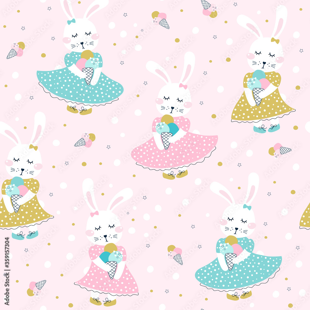 Seamless pattern with cute bunny with ice cream. Vector Seamless pattern with cute bunny with ice cream. Vector