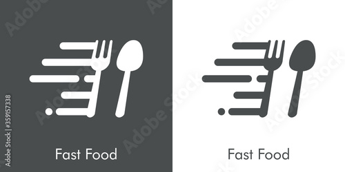 Concepto restaurante. Icono plano texto Fast Food con cubiertos con líneas de velocidad en fondo gris y fondo blanco