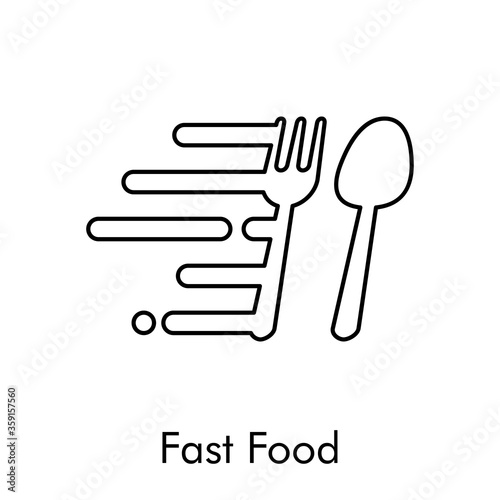 Concepto restaurante. Icono plano lineal texto Fast Food con cubiertos con líneas de velocidad en color negro