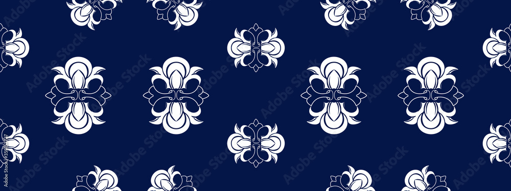 Vector elegan tile ornate seamless pattern. White ornament on luxury elegant blue background Retro hindu monochrome motif Vector elegan tile ornate seamless pattern. White ornament on luxury elegant blue background Retro hindu monochrome motif