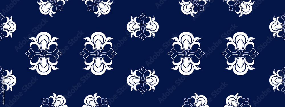 Vector elegan tile ornate seamless pattern. White ornament on luxury elegant blue background Retro hindu monochrome motif