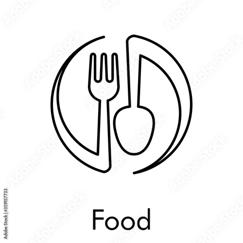 Concepto restaurante. Icono plano lineal cubiertos en círculo girando en color negro