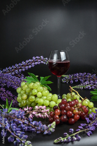 A glass of red wine stands on the table among fruits and flowers. Beautiful still life on a black background. Still life of grapes, oranges and lupins.