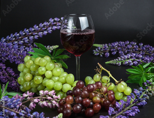 A glass of red wine stands on the table among fruits and flowers. Beautiful still life on a black background. Still life of grapes  oranges and lupins.