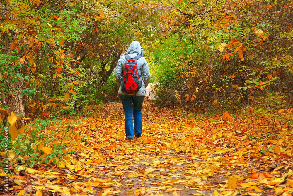 Young woman with bagpack walking in autumn park Young woman with bagpack walking in autumn park