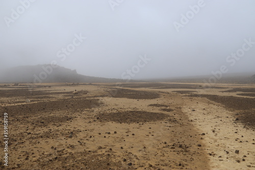 Lande rocheuse sous la brume, parc Tongariro, Nouvelle Zélande