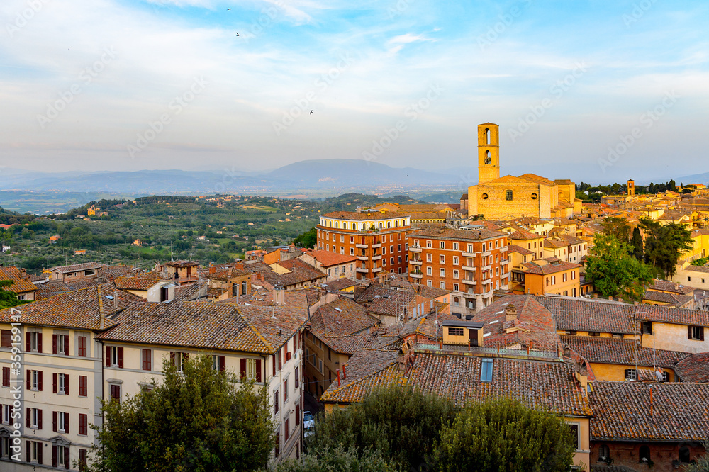 Panoramic eveninig view of Perugia, Umbria, Italy
