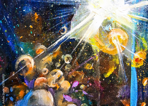 Fototapeta Naklejka Na Ścianę i Meble -  Small luminous particles, bubbles, spiral, rays light, making its way through the darkness - this is the birth of life in the Universe. Abstract art in mixed technique: acrylic and oil painting.