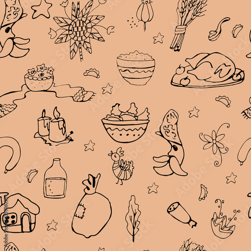 Vector seamless pattern Ukrainian Christmas: moon, dumplings, gift bag, wheat bouquet, candles, bird, kutia. Doodles for decoration of holiday packages, bags in shops.