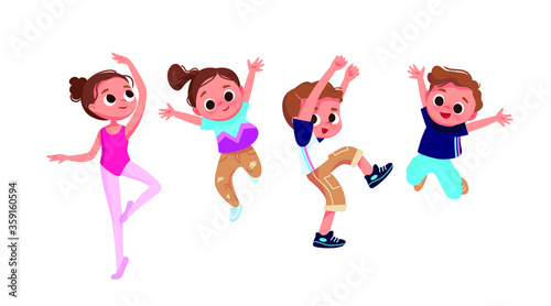 Group of dancing children. Creative kids. Dancing studio. Jumping boy. Ballet elements.