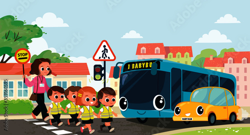 Teacher and school kids cross the street. Children cross the street by crosswalk. Traffic lights.