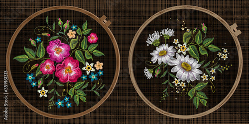Embroidery collection. Wild roses and camomiles flowers. Template tambour frame with a canvas, elements from stitches. Art for clothes