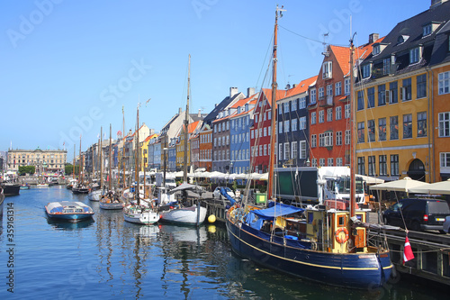 View of Nyhavn which is a Historic 17th-century waterfront with wooden ships, canal, colourful buildings and entertainment district in Copenhagen, Denmark.