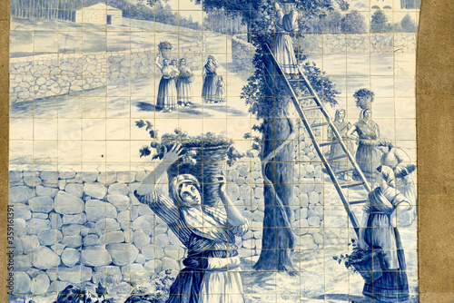 Azulejos panel in Sao Bento railway station in Porto, Portugal